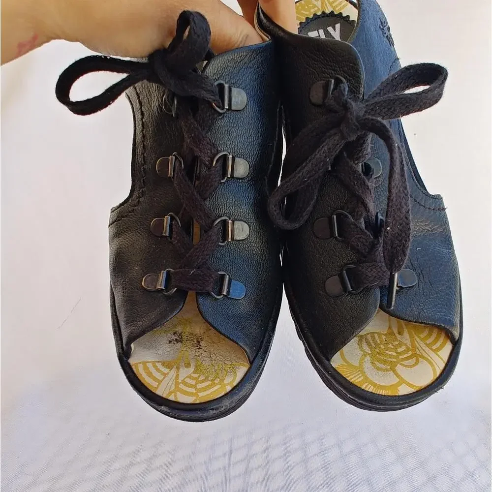 Fly London‎ YLFA Wedge Sandals Leather Black Lace Up Platform Size EU 39